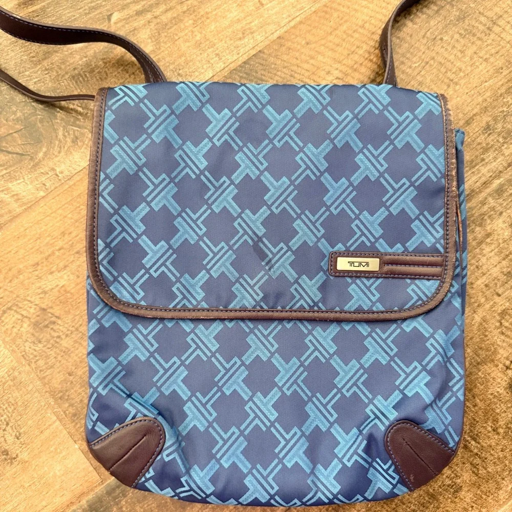Tumi Blue Jacquard Monogram Leather Trim Crossbody Messenger Bag, Medium